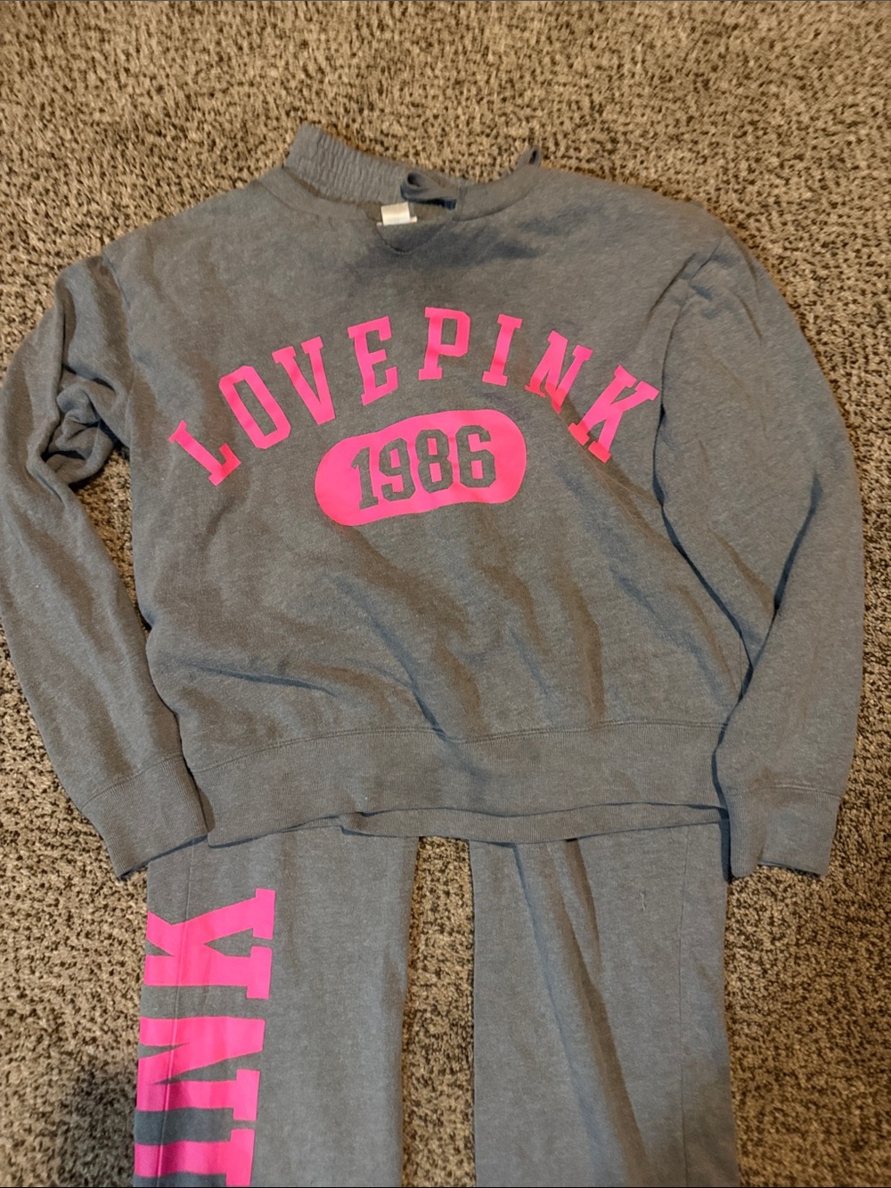 PINK Grey Crewneck Sweatshirt & Lounge Pants with Hot Pink Logo - Picture 2 of 7